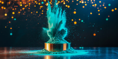 Explosion of turquoise powder with golden bokeh lights in dark setting