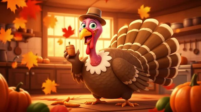 Animated Turkey Holding Apple Surrounded By Autumn Leaves And Pumpkins In Kitchen Interior Illustration