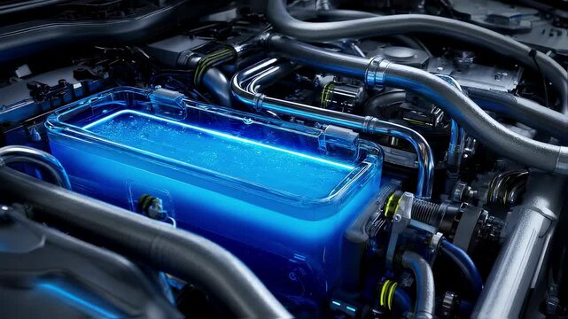 Innovative engine cooling system featuring a transparent reservoir filled with glowing blue liquid, surrounded by intricate metal pipes and components, highlighting advanced automotive technology