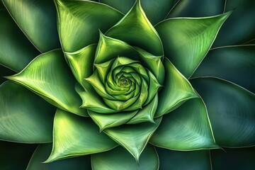Close-up of a rosette succulent, vibrant green leaves in a symmetrical spiral pattern