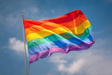 A clear sky provides the backdrop for a vibrant rainbow flag to wave and flutter, representing LGBTQ Pride