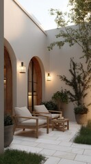 Fototapeta premium Tranquil courtyard with light beige furniture