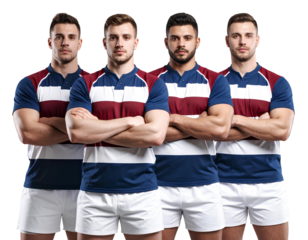 Four rugby players standing with their arms crossed, wearing blue and maroon striped transparent background.