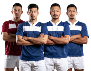 Four rugby players standing with their arms crossed, wearing blue and maroon striped transparent background.