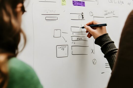 Female-led team sketching UIUX wireframes on whiteboard