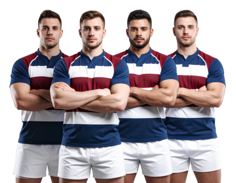 Four rugby players standing with their arms crossed, wearing blue and maroon striped transparent background. - Powered by Adobe
