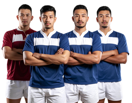 Four rugby players standing with their arms crossed, wearing blue and maroon striped transparent background.