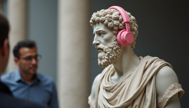 Sculpture wearing pink headphones stands in gallery with visitor observing in modern cultural contrast - Powered by Adobe