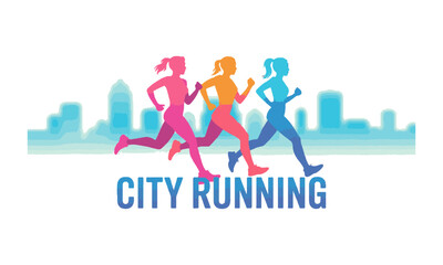 Modern vector illustrator featuring three women runners in a dynamic motion-inspired silhouette, city running logo design, running marathon in city, easily editable and scalable.