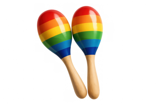 Rainbow colored maracas with wooden handles lying on transparent background, ready to make some music