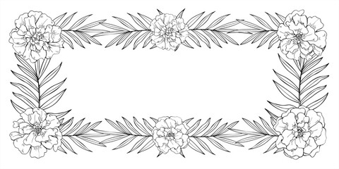 Monochrome vector frame with marigold flowers and tropical leaves in long rectangular format with copy space for text. Floral template for invitations, certificates, labels, greeting card, packaging