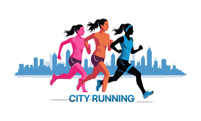 Modern vector illustrator featuring three women runners in a dynamic motion-inspired silhouette, city running logo design, running marathon in city, easily editable and scalable.