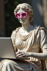 Statue wearing pink sunglasses while working on laptop in sunny garden setting