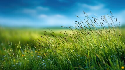 Fototapeta premium A field of grass with a few flowers scattered throughout. The grass is tall and the sky is blue
