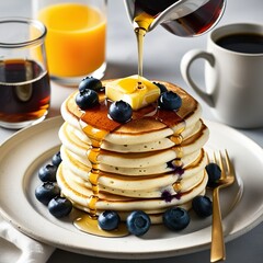 Luxurious plate of stacked ricotta pancakes