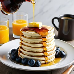 Luxurious plate of stacked ricotta pancakes