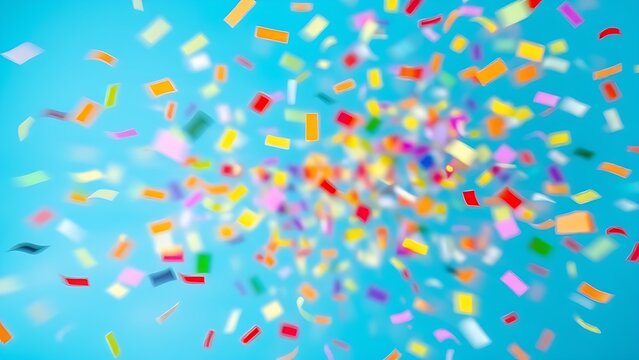 Colorful confetti captured mid-air against a solid blue, evoking lively celebration energy.