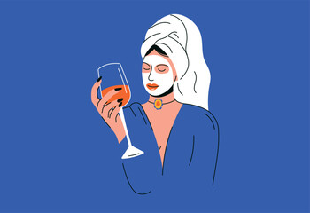 Vector illustration of a relaxed woman with a towel wrapped around her head, holding a glass of wine. She appears calm and content, enjoying a moment of self-care and relaxation. 