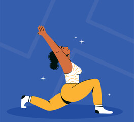 Vector illustration of a young woman practicing yoga in a peaceful setting. She is doing a yoga pose with a calm and focused expression, promoting a healthy lifestyle, mindfulness, and mental balance.