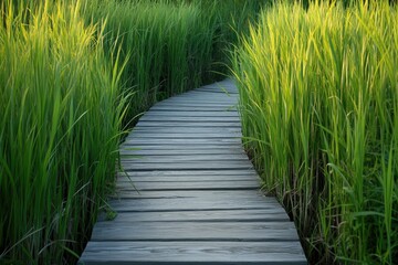 Fototapeta premium Wooden walkway through tall green grass