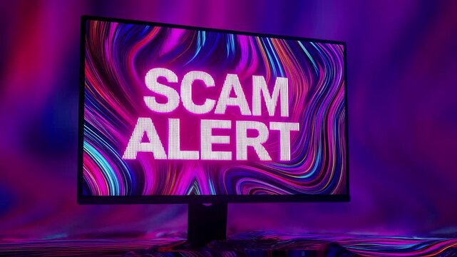Against a backdrop of swirling neon pink and purple patterns a closeup of a computer monitor shows a flashing warning screen. The words SCAM ALERT are highlighted in striking white