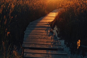 Wooden path through tall grass at sunset