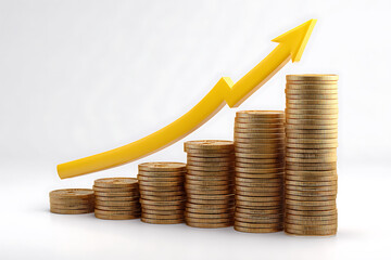 A stylized 3 D rendering of a bar graph showing increasing gold coin stacks with a vibrant yellow upward arrow symbolizing financial growth