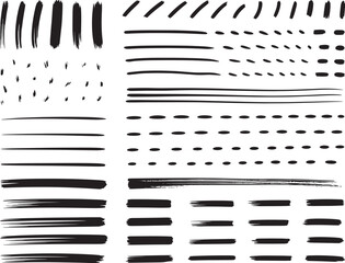 A collection of various black brush strokes, lines, dashes, and dots for design