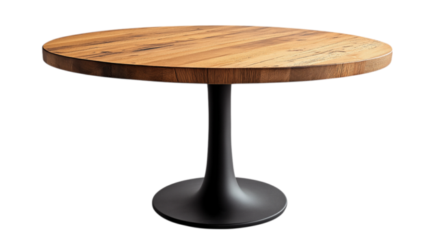Round Wooden Dining Table With Black Pedestal Base On White Background