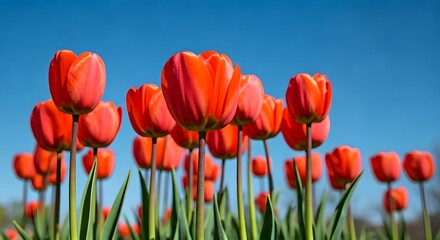 Fototapeta premium Bold red tulips against a blue sky.jpg