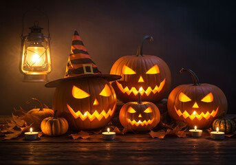 Glowing carved pumpkins with witch hat and lantern