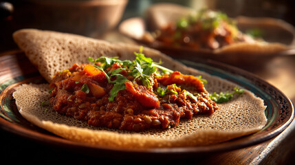 Traditional Ethiopian injera flatbread with spicy wot stew, spongy sourdough texture, authentic African cuisine served on plate
