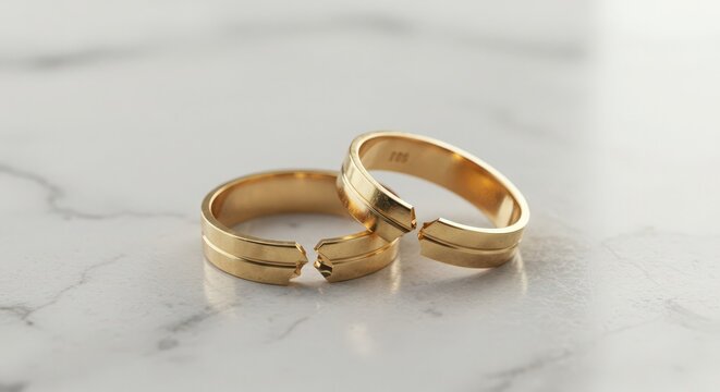Broken golden wedding rings on marble background
