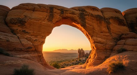 Sunset view through natural rock arch in desert landscape