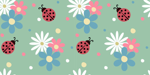 Seamless pattern with flowers and ladybug