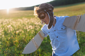 Child playing aviator in nature with wings and goggles.