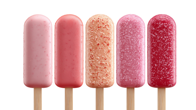 Row Of Refreshing Fruit Popsicles With Sugar Crystals Isolated On White Background