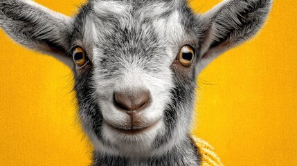 Obraz premium A goat with a yellow background. The goat is smiling and looking at the camera. The yellow background is bright and cheerful, which adds to the overall happy and playful mood of the image