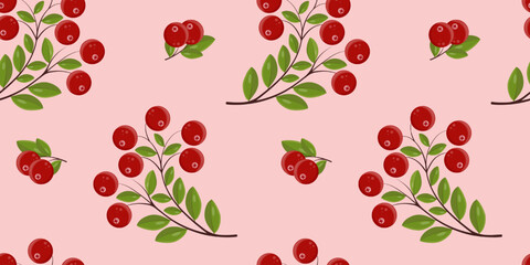 Seamless pattern with marsh cranberries on light pink background