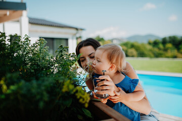 Mom and little toddler taking care of plants in garden, spraying them with water.