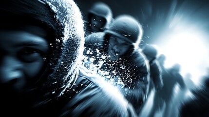 the image is focused on a group of people moving forward, their figures somewhat blurred and appearing urgent