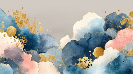A painting of a sky with clouds and gold and blue colors. The sky is filled with clouds and the colors are bright and vibrant. The painting has a dreamy and peaceful mood