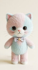 Adorable plush cat with pastel colors and a bow tie is standing upright on white 100