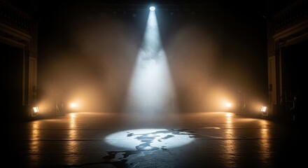 Ai generated image of a spotlight illuminates a smoky stage with wet floor reflections
