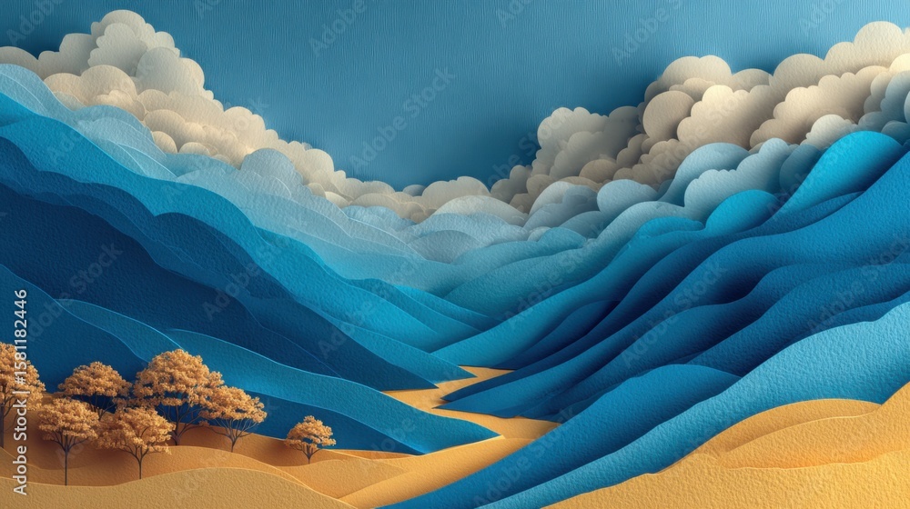 Poster a beautiful mountain range with a blue sky and fluffy clouds. the mountains are a mix of blue and gr