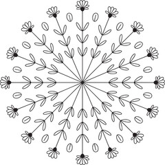Black outline mandala with floral and leaf motifs flower