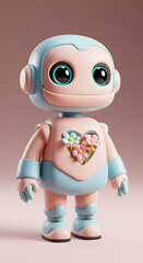 Cute pastel robot with heart shaped flowers on its chest stands sweetly