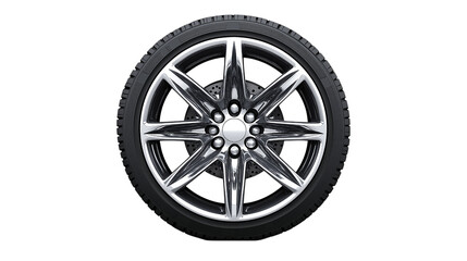 Obraz premium Sleek Car Wheel With Chrome Rim And Black Tire On White Background