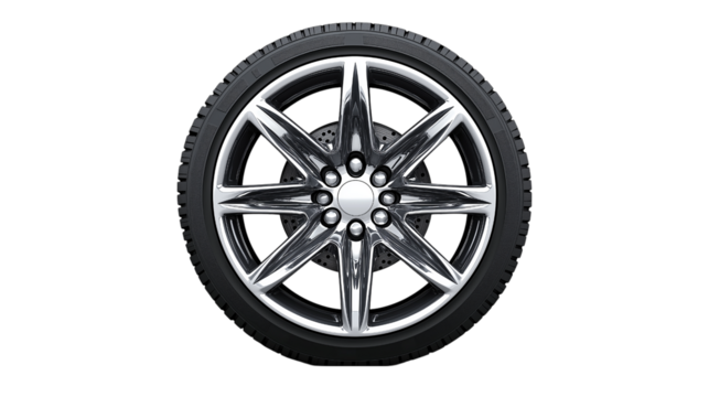 Sleek Car Wheel With Chrome Rim And Black Tire On White Background