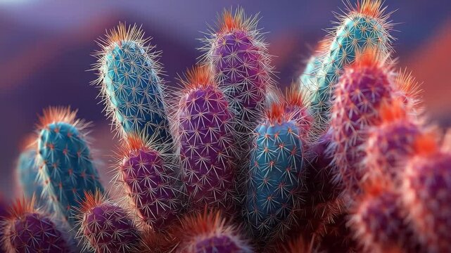 Colorful cacti cluster against an abstract desert landscape backdrop.